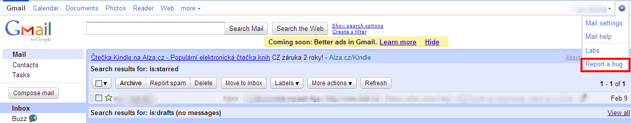 Nástroj Report a bug v nastavení Gmail