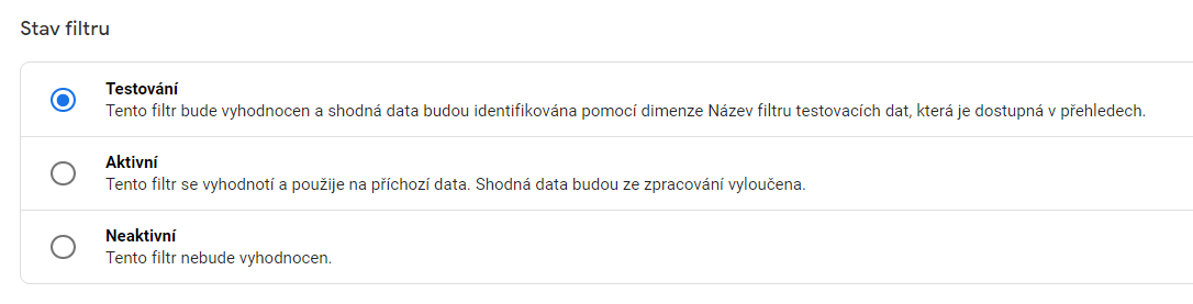 Stav filtru při vyloučení interní návštěvnosti v GA4